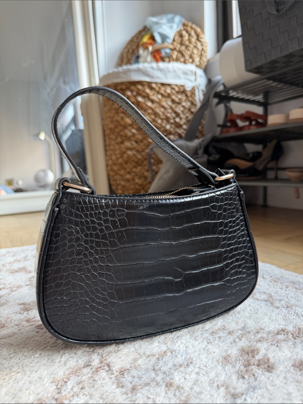 Abercrombie & Fitch Black Croc-Embossed Mini Shoulder Bag